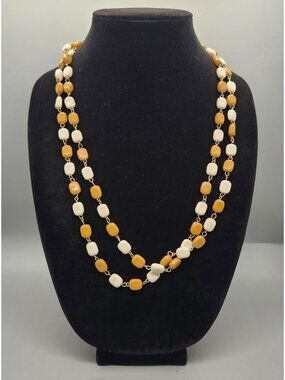 Vintage Long Beaded Necklace With Cream & Caramel Square Beads Gold-Tone Chain D